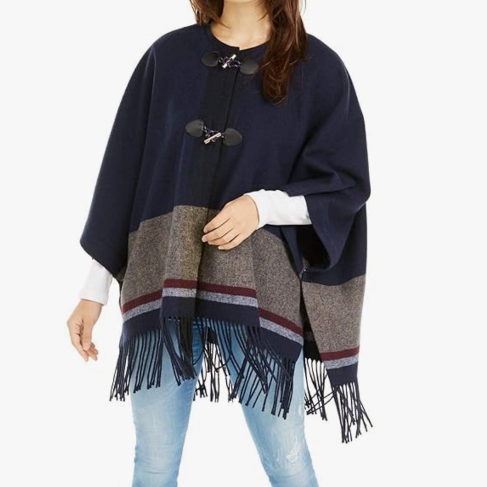 TOMMY HILFIGER Striped/Fringe Trim Poncho